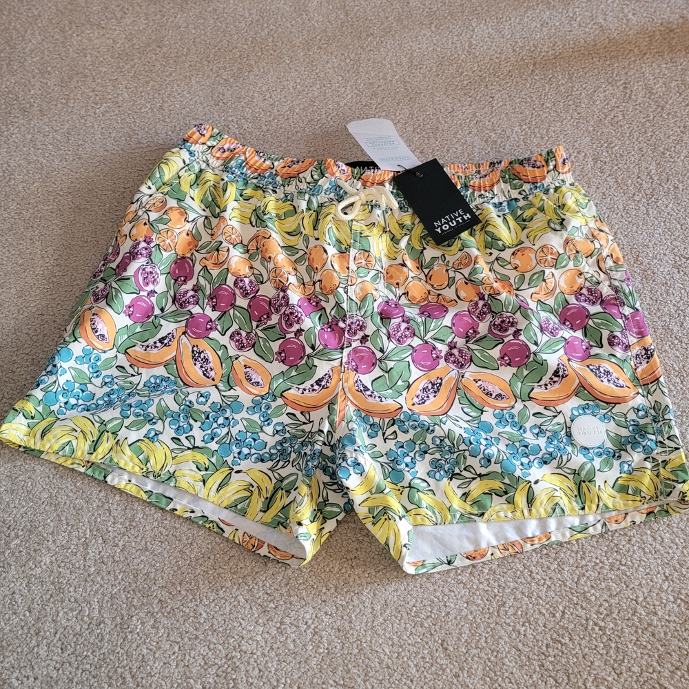 Native Youth Men's Floral Elastic Drawst waistband Swim Shorts Trunk Size 36 Nwt